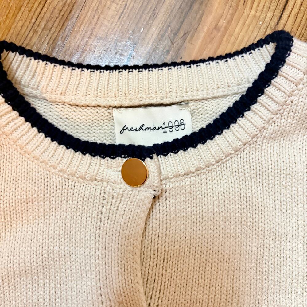Freshman 1996 Cream & Navy Knit Short Sleeve Cardigan | Gold Button | Women’s M - Picture 4 of 10